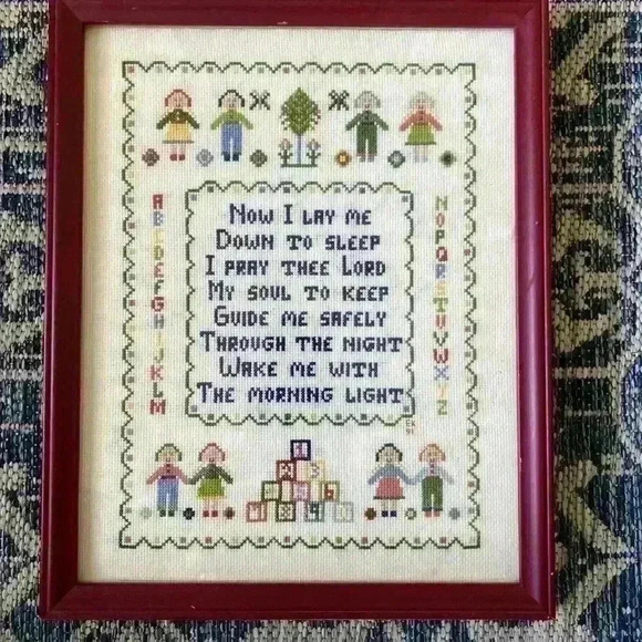 Vintage Now I Lay Me Down To Sleep Framed Cross Stitch nursery rhyme 12 x 15 - Picture 1 of 6